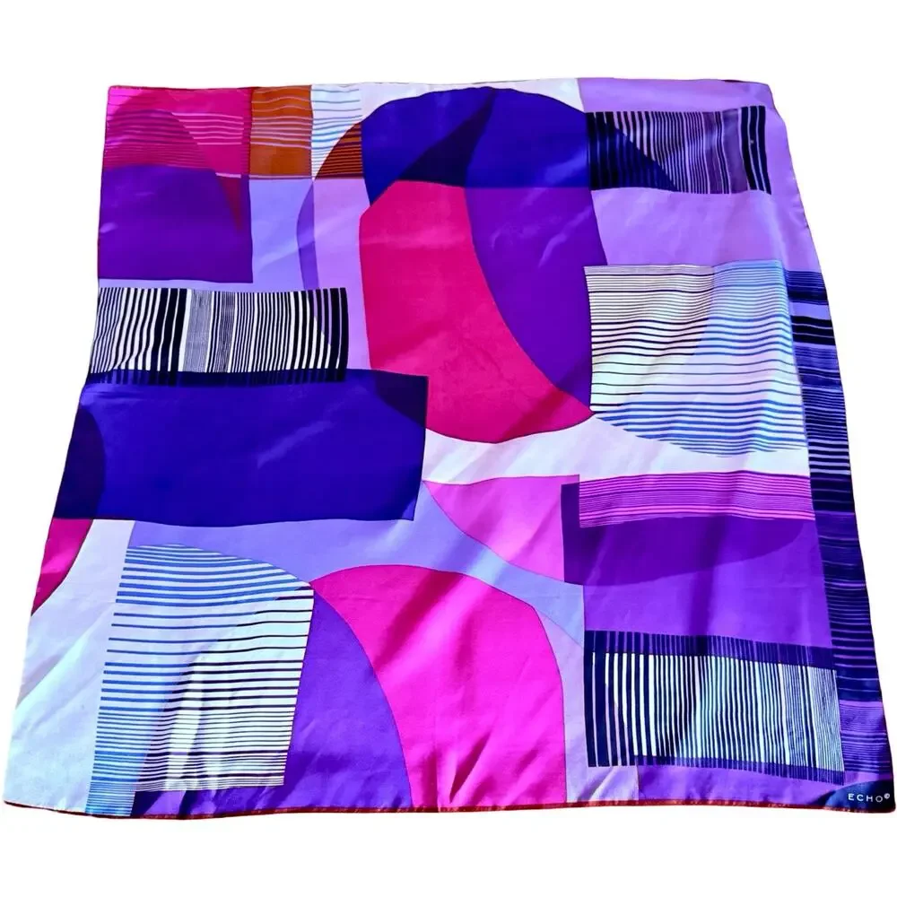 Vintage Echo 1980s Silk Geometric Color Block Abstract Scarf Purple Pink 35 x 35